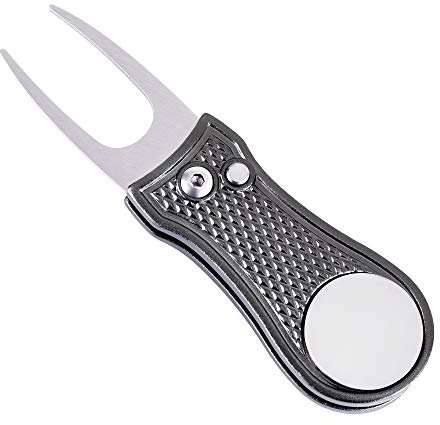 Mile High Life Ganzmetall Faltbares Golf Pitchgabel mit Pop-up Taste & Magnetkugel Markierung (Grey Bone)
