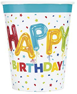 Vibrant Happy Balloon Birthday Paper Cups (255g) - Colorful, & Fun Design Party Drinkware - Perfect for Celebrations & Kid's Parties - 8ct