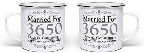 Pair of Married for Days & Counting Anniversary (10th Tin) Enamel Tin Novelty Gift Mugs - White