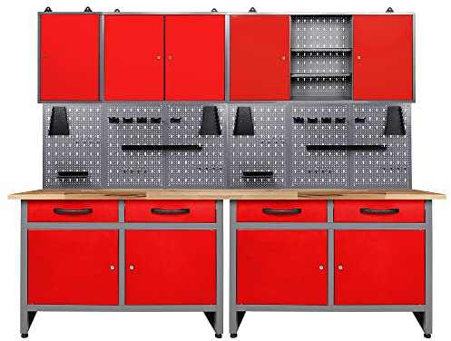 Ondis24 Werkstatteinrichtung rot 7-teilig Werkbank Werkzeugschrank Werkzeugwand/Lochwand mit Haken