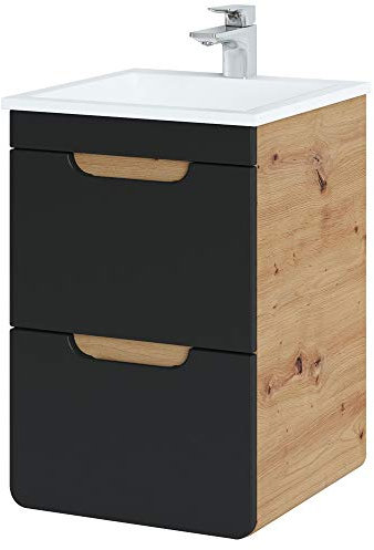 Lomadox Waschtischunterschrank mit 42cm Keramik-Waschbecken, seidenmatt anthrazit Wotan Eiche Nb., 2 Softclose-Auszüge, B/H/T ca. 42/60,5/42 cm
