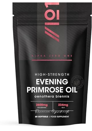 Evening Primrose Oil 2600mg – High Strength GLA – 60 Softgel Capsules – Cold-Pressed Rich Source of Omega 6 – 234mg GLA – No Artificial Preservatives– by Alpha01