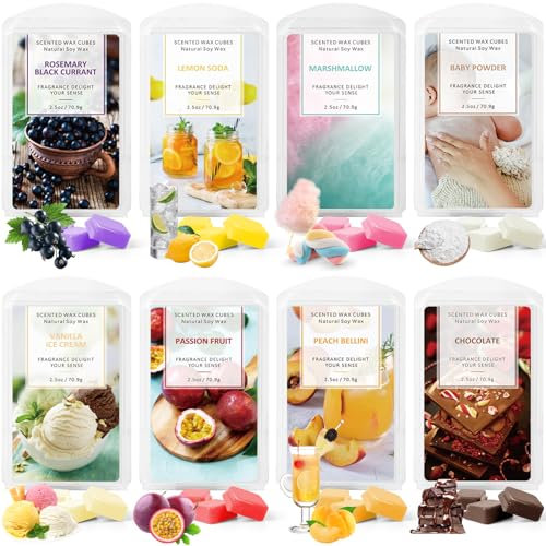 LA BELLEFÉE Duftwachs für Duftlampe, Wax Melts 100% Sojawachs, Duftwachswürfel für Raumdüfte, Wax Melts für Kerzen Wärmer, Geschenke für Weihnachte, 8 Düfte Schokolade, Vanille-EIS, Zitronensoda