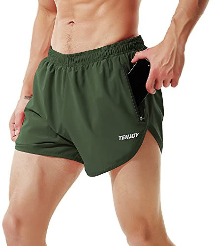 TENJOY Herren Laufshorts Gym Athletic Workout Shorts für Männer 7,6 cm Sportshorts mit Reißverschlusstasche Grün XXL