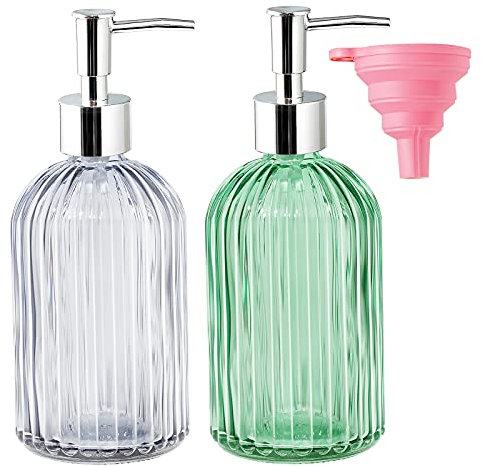 2 Pack Glass Soap Dispenser Bottle with Pump 14 Oz Refillable Liquid Hand Jar Dispenser Washing Up Liquid Dispenser for Bathroom Kitchen Sink(Transparent&Green)