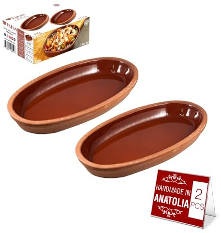 Handmade Oval Clay Pan Set of 2, Terracotta Pots for Cooking Fishes, Meat, Vegetables, Earthenware Pottery Cookware, Glazed Inside (MEDIUM 5.7 x 10.5 in)
