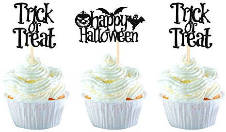 24 Stück Happy Halloween Cupcake-Topper schwarz Glitzer Kürbis Fledermaus Geist Trick or Treat Cupcake Picks Halloween Thema Geburtstag Party Kuchen Dekorationen