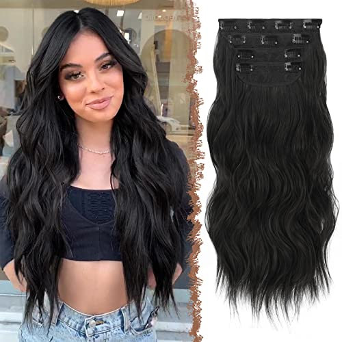 FESHFEN Clip in Extensions, 4PCS 50 cm Voller Kopf Haarverlängerungen mit Clips Synthetik Gewellte Haarextension Natürliches Schwarz Wavy Haar Extensions Clip in Haarteil für Frauen, 180g