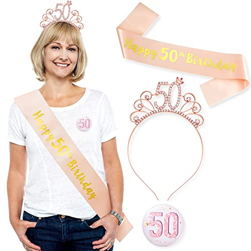 Chuangdi 50. Rosegold Geburtstag Mitgebsel Deko Set 3 Stück 50. Geburtstag Anstecker Abzeichen Happy 50th Birthday Schärpe Roségold Geburtstag Krone für 50. Geburtstag Party Accessoires Frauen