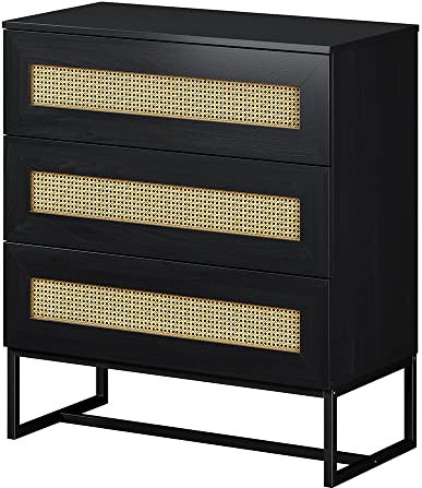 Selsey Kerals - Kommode/Schubladenschrank in Schwarz mit Rattan-Einsätzen und Metallfüßen, 80 cm breit