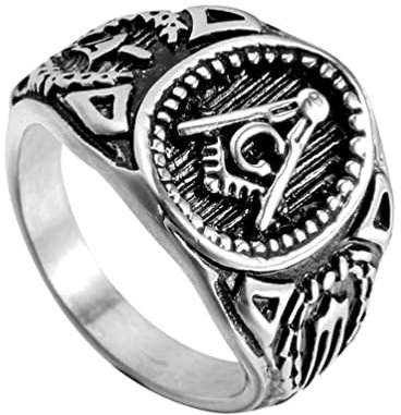OAKKY Herren Edelstahl Vintage Punk Weinlese Freimaurer Freimaurer Biker Ring Symbol Mitglied Erklärung Silber Band Größe 66 (21.0)