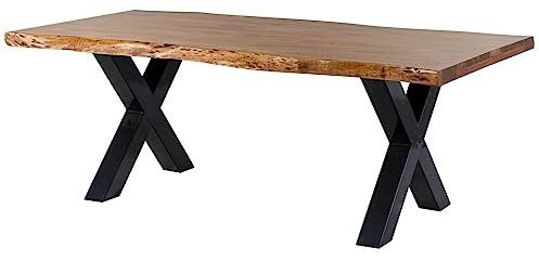 MASSIVMOEBEL24.DE | Freeform 5 Baumkantentisch aus Massivholz - Natur | 220x100 cm | Metallbeine X-Form anthrazit glänzend | aus Akazienholz | Esstisch echte Baumkante