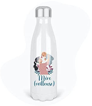 Bouteille Gourde Isotherme Acier INOX - Blanc - 350 ML - Fête des mères - imprimé Illustration Mère veilleuse - GB84 - France