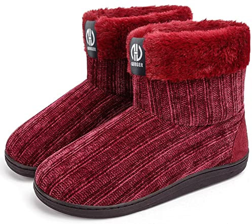 GURGER Hausstiefel Damen Plüsch Hüttenschuhe Gefüttert Warm Winter Hüttenstiefel Hausschuhe Hohe Frauen, Rot Größe 42 43