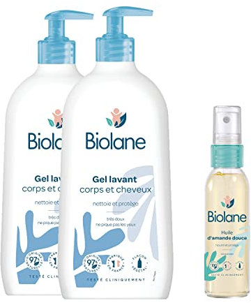 BIOLANE - 2 Gels corps et cheveux 2 en 1 750ml + 1 Huile d'amande douce 75ml - Soins Bébé - Toilette - Peaux Sensibles - Fabriqué en France