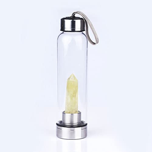 Natural Quartz Crystal Water Bottle Reusable Gem Water Bottle with Natural Citrine Elixir Quartz Crystal Wand Stick Healing Elixir Reiki Crystal Obelisk Crystal Energy Gemstone Infused Water Bottle