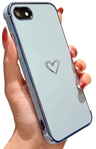 Knoowcase for iPhone 8 Case iPhone SE 2020 Case SE 2022 Phone Case iPhone 7 for Girls Women Shockproof Flexible Silicone Bumper Lens Protection Luxury Plated Gold Heart Slim Anti Scratch Cover, Blue