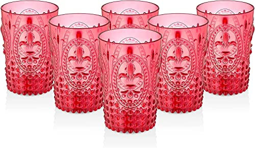 PRISMA - PACK 6 UNIDADES VASO 400 ML. MOD. FLOR DE LIS COLOR ROJO. Vaso de policarbonato tamaño mediano, reutilizable, libre de BPA, 40