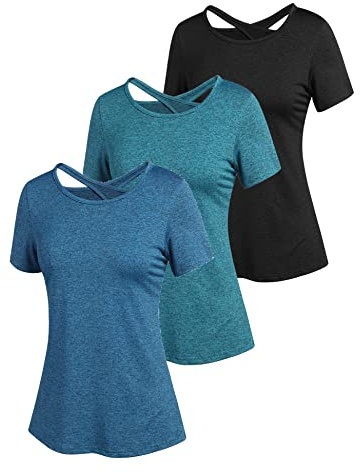 ADOME Sportshirt Damen Kurzarm T-Shirt Funktionsshirt Sport Yoga Shirt Rundhals Laufshirt Rückenfreies Sport Oberteile Backless Top Elastisch 3er Pack Pat2 L