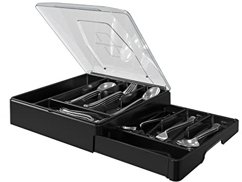 WURDON Organiseur de couverts à double couche avec couvercle, plateau à couverts pour comptoir, plateau à argenterie pour tiroirs de cuisine avec 2 niveaux porte-ustensiles et 9 compartiments (noir)