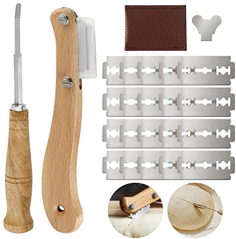 Bäckermesser, 2 Stück Brot Lahm Scoring Tool Set, Edelstahl Holzgriff Set, Teigmesser Baguettemesser mit 20 Rasierklinge Gebogene Brotmesser Ritzmesser für DIY Brotteig Muster Schneide Werkzeug