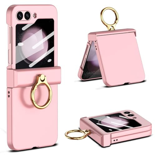 Miimall Hinge case for Samsung Galaxy Z Flip 5 Case with Ring, [Hinge Protection] [Ring Holder] [Built-in Screen Protector] Shockproof Hard PC Cover Full Protective Case for Z Flip 5-Pink