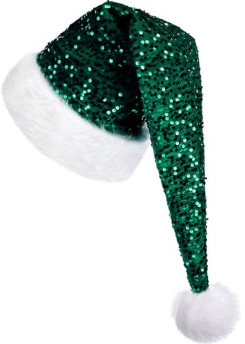 KONVINIT Lang Weihnachtsmütze Erwachsene Nikolausmütze Weihnachtsmann Mütze mit Glitzer Pailletten und Plüsch Rand Weihnachtself mütze für Festliche Weihnachtsfeier Tannenbaum,grün