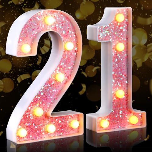 21st Decorative LED Light Up Numbers 21st Marquee Light Up Numbers Sign Birthday Table Decoration Glitter Pink 1 and 2 Suitable for Birthday Wedding Anniversary Party Home Bar Party Decor