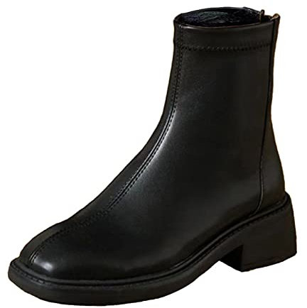 Donna Pelle Artificiale Tinta Unita Autunno Suola Spessa Tacchi Quadrati Cerniera Stivaletti Corti Scarpe Punta Rotonda Stivale Invernale Giardini (Black, 37)