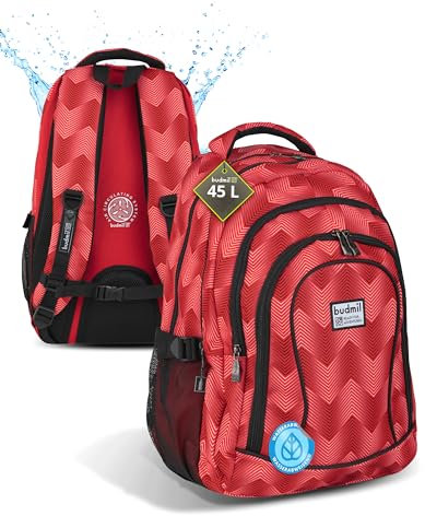 budmil Lynsey Schulrucksack für Jungen & Mädchen 45L - für Teenager Kinder ab Klasse 5 - wasserabweisend - Schulranzen Jungen 5 klasse mit Laptopfach & 4 Fächer & belüftete Rückseite - Rot