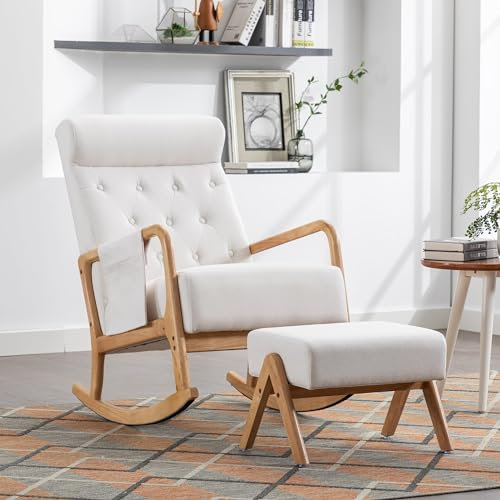 AUKWIK Schaukelstuhl mit Hocker Armlehnsessel Schwingsessel mit Fußhocker Relaxsessel aus Leinen Stillsessel bis 150 kg Belastbarkeit für Wohnzimmer Schlafzimmer, Beige