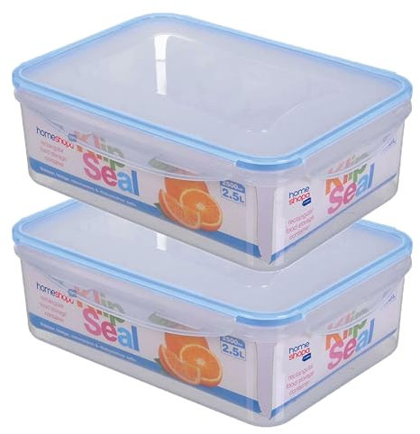HOMESHOPA Plastic Airtight Food Storage Container, Leakproof Rectangle Container with Clip-Lock Lid, BPA Free Reusable Meal Prep Lunch Box Microwave Freezer & Dishwasher Safe (2 Pack, 2.5 Litre)