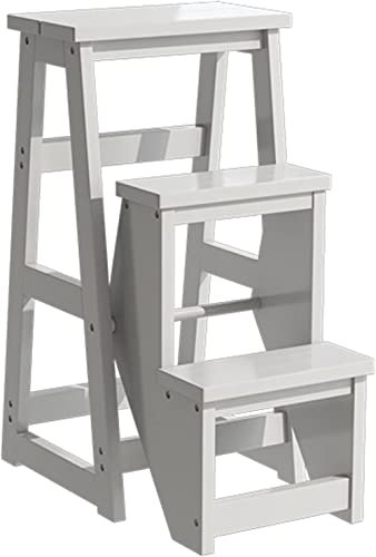 BODHIS Moderner multifunktionaler Tritthocker, Bibliotheksleiter, Stuhl, Bibliotheksmöbel, klappbarer Holzhocker, Stuhl, Trittleiter (weiß)