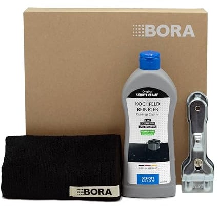 BORA Detergente piano cottura in vetroceramica, set di pulizia che include raschietto e panno in microfibra, detergente per piano a induzione e in ceramica da 300 ml
