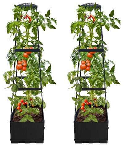 Maxona Lot de 2 jardinières de jardin avec treillis, 110 cm, gris, structure de support pour plantes grimpantes, cages à tomates, légumes, fruits, fleurs, 27,9 cm (L) x 27,9 cm (l) x 110 cm (H)