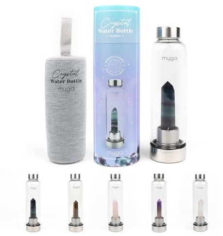 Myga Fluorite Crystal Water Bottle - 500ml Glass Drinks Bottle with Natural Healing Crystal & Neoprene Sleeve for Wellness & Self-Care - Gemstone: Fluorite