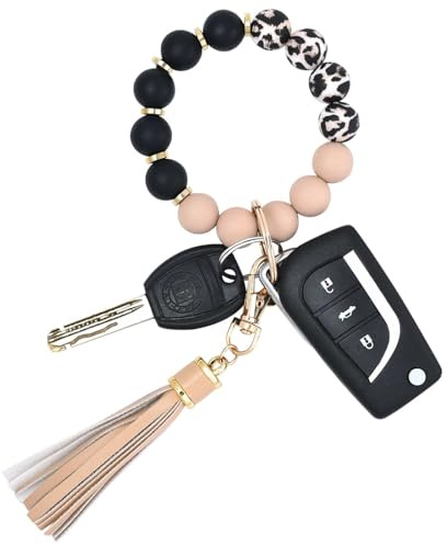 BAOSIWA Silicone Beaded Bracelet Keychain Wristlet Key Ring Bangle Chains for Women with Leather Tassel
