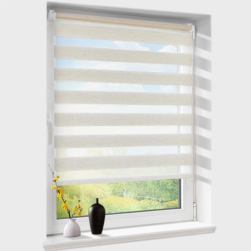 Doppelrollo klemmfix ohne Bohren, Duo Rollos für Fenster & Tür mit Bohren, Version 2026 Natur B45 x H120cm (Stoffbreite 45 cm), Fensterrollo lichtdurchlässig & verdunkelnd, Klemmrollo Sonnenschutz