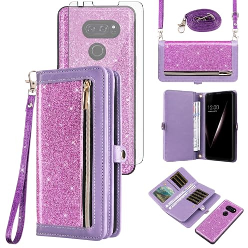 Asuwish Schutzhülle für LG V35 ThinQ V30 Plus, Reißverschluss, abnehmbare Handyhülle, mit Displayschutzband, glitzernd, Kartenhalter, LGV30, LG30, LG35, V, 30, 35, V30+, V30s, H931, Violett