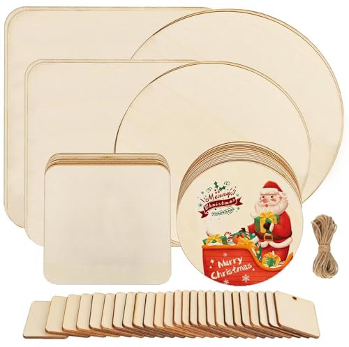 xiaoxiaozhijia 53 Stück Unvollendete Holzplatte zum Basteln,Durchmesser 10cm-20cm Runde und Quadratische Holzscheiben für Graffiti,Malen,Färben,Feuermalerei und Dekorative Basteleien (Holzfarbe)