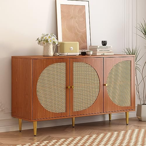 soges Sideboard, Küchenschrank, Aufbewahrungsschrank, 3 Rattan verzierten Türen, verstellbare Ablage, Landhausstil, für Wohnzimmer, Schlafzimmer, Nussbaum,129,8 x 40 x 76cm