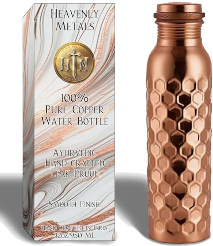 Heavenly Metals Botella de agua de cobre puro de 32 onzas, recipiente de cobre ayurvédico hecho a mano con tapa a prueba de fugas, acabado de panal de abeja, botella de 950 ml