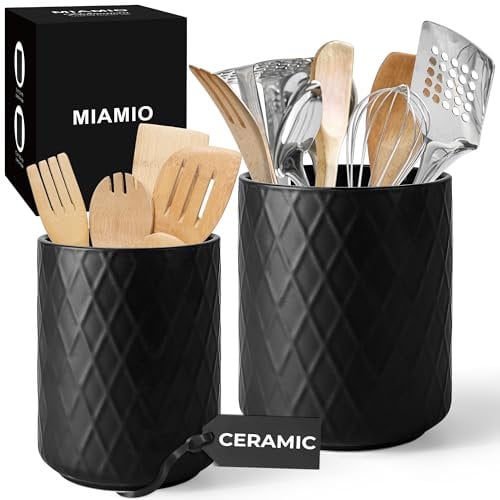 MIAMIO – Soporte para Utensilios de Cocina de Cerámica / Set Organizador de Cocina, Decoración Rústica para Organizar la Encimera y Guardar Cubiertos, Cucharas (Negro)