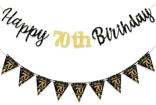 TOPWAYS Deko 70 Geburtstag Banner Frauen Mann, Schwarz Gold Geburtstagsdeko 70. Geburtstag Girlande Happy 70 Birthday Banner Wimpelkette für 70Geburtstag Frauen Männer Deko (Geburtstag70)