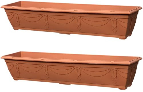 VR7 90cm Long Garden Planters 2 Pack Durable Plastic Trough for Raised Window Planting - Ideal for Flowers, Herbs, and Vegetables (Terracotta, Without Trays)