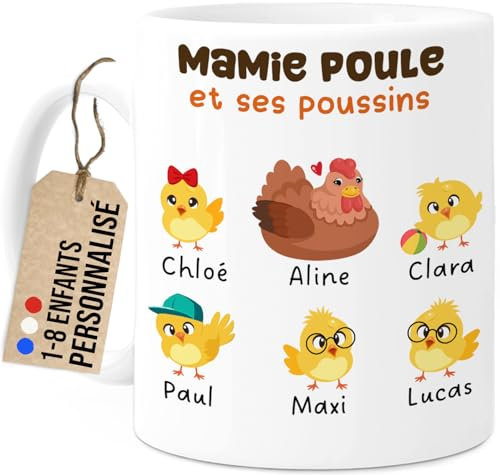 Cupdarling® Mug Mamie avec 1-8 Petits-Enfants Personnalisé - Mamie Poule - Tasse Cadeau Grand-Mère - Cadeau Fête Des Grand-Mères - Anniversaire Mamie - 330 mL Céramique - 5 Poussins
