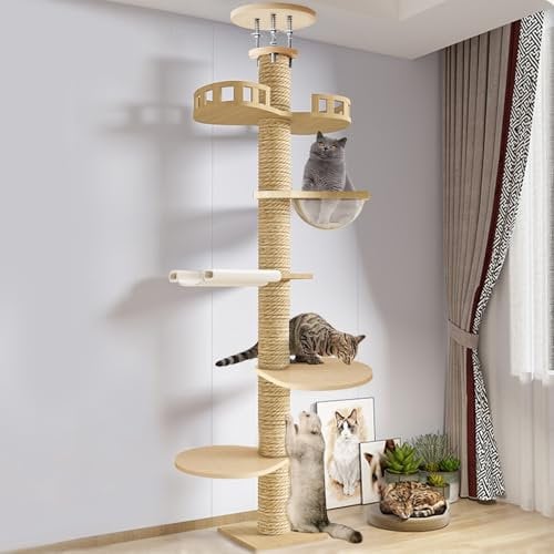 Cat Tree,Floor to Ceiling Cat Tree,Height (127-305cm) Adjustable Cat Tower 5 Tier Hemp Scratching Post High Cat Tree,Sturdy Cat Activity Tree Indoor Outdoor Cat Scratching Post
