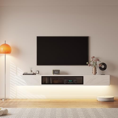 Artifyshore High Gloss Floating TV Unit Wall Mounted TV Cabinet, 140CM Under TV Floating Stand, Entertainment Shelf with 3 Doors for Living Room Bedroom White