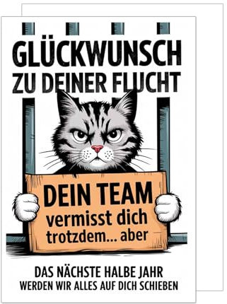 Edition Seidel Premium XXL Maxi Glückwunschkarte zum Abschied mit Umschlag Format DIN A4. Abschiedskarte Ruhestand coole Karte mit Spruch Mann Frau Kollege Kollegin Katze Gefängnis (A4-AS149)