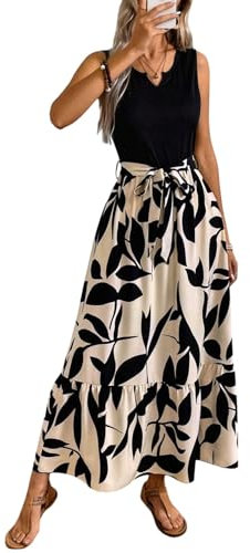 SweatyRocks Damen Kleid Ärmelloses Maxikleid A Linie Sommerkleider Pflanzenmuster Lange Kleider mit Gürtel Rüschensaum Freizeitkleid Boho Druckkleid Damenkleider Schwarz S
